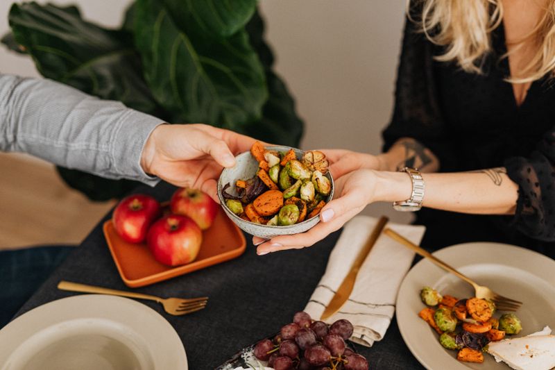 Farro power bowl with roasted vegetables and tahini